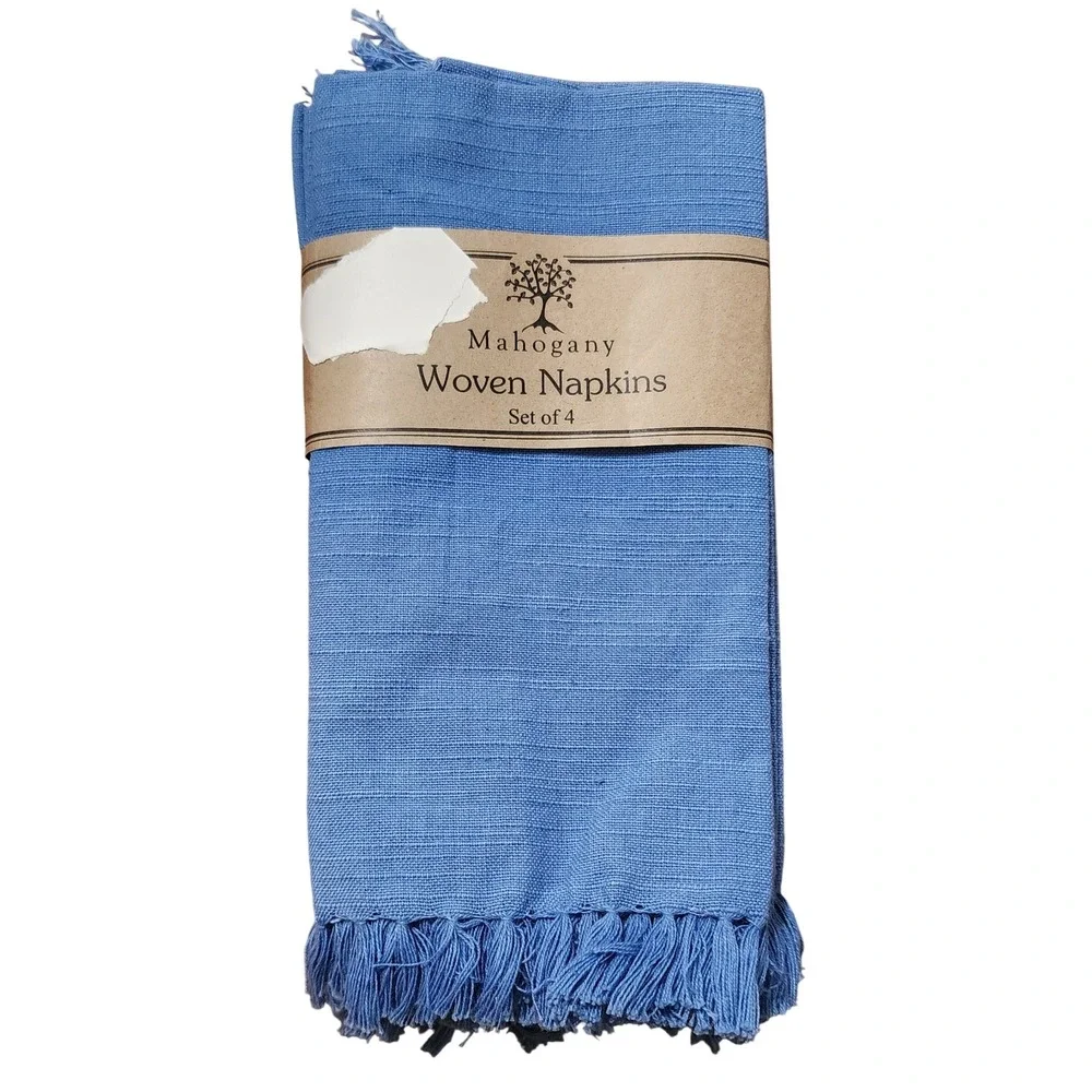 New Mahogany Woven Napkins Set of 4 Blue Cotton Blend with Fringe Edge